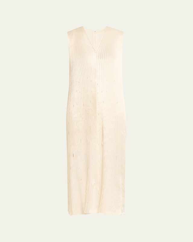 Pleated Satin Laser-Cut Trapeze Dress